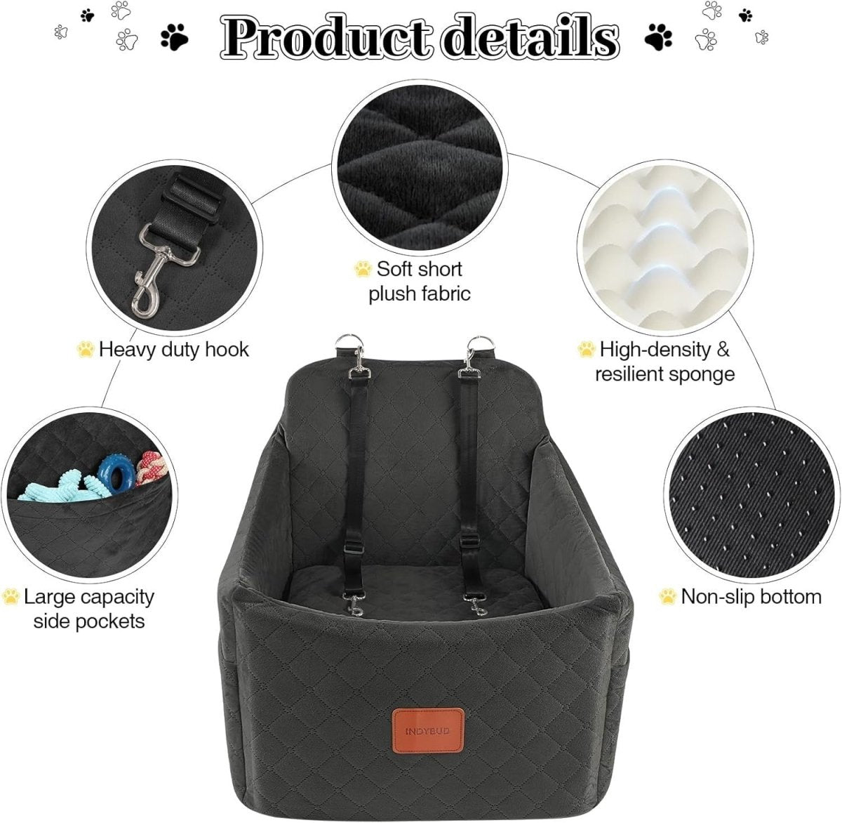Memory Foam Dog Booster Car Seat Washable Pet Travel Bed 35lb Black - Kwikley