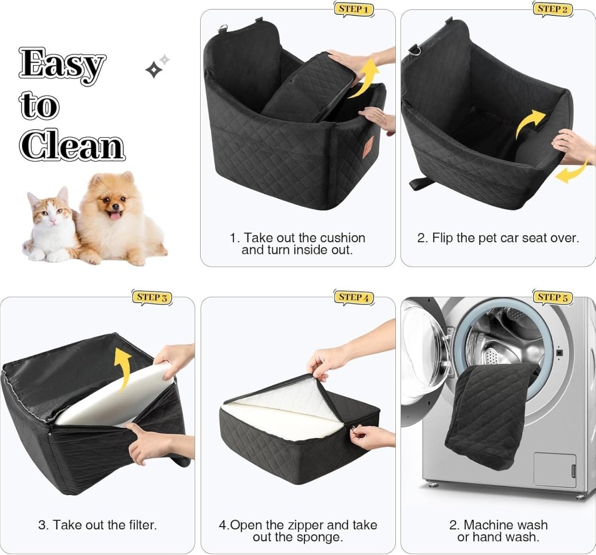 Memory Foam Dog Booster Car Seat Washable Pet Travel Bed 35lb Black - Kwikley