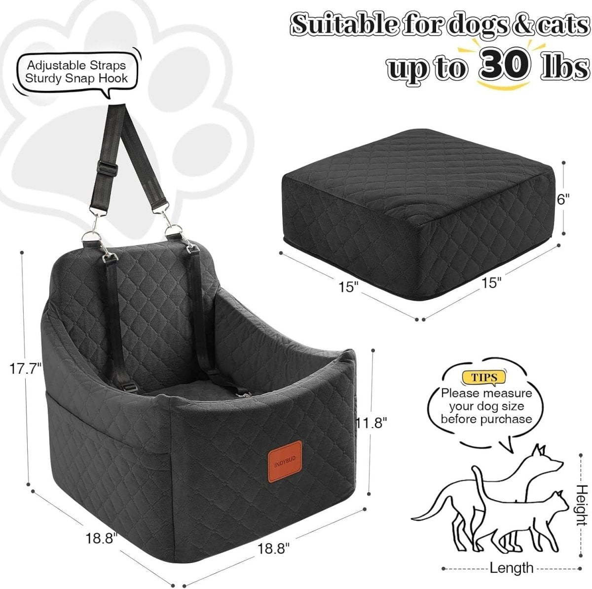 Memory Foam Dog Booster Car Seat Washable Pet Travel Bed 35lb Black - Kwikley