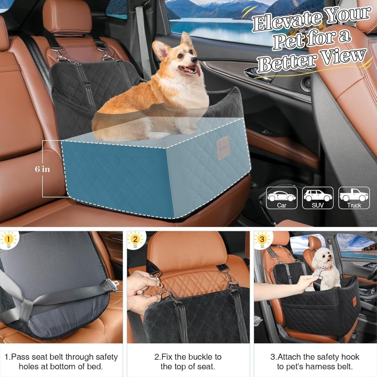 Memory Foam Dog Booster Car Seat Washable Pet Travel Bed 35lb Black - Kwikley