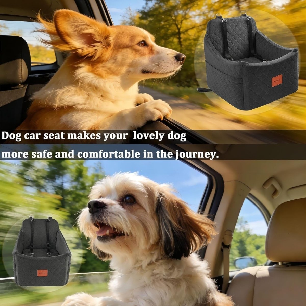 Memory Foam Dog Booster Car Seat Washable Pet Travel Bed 35lb Black - Kwikley