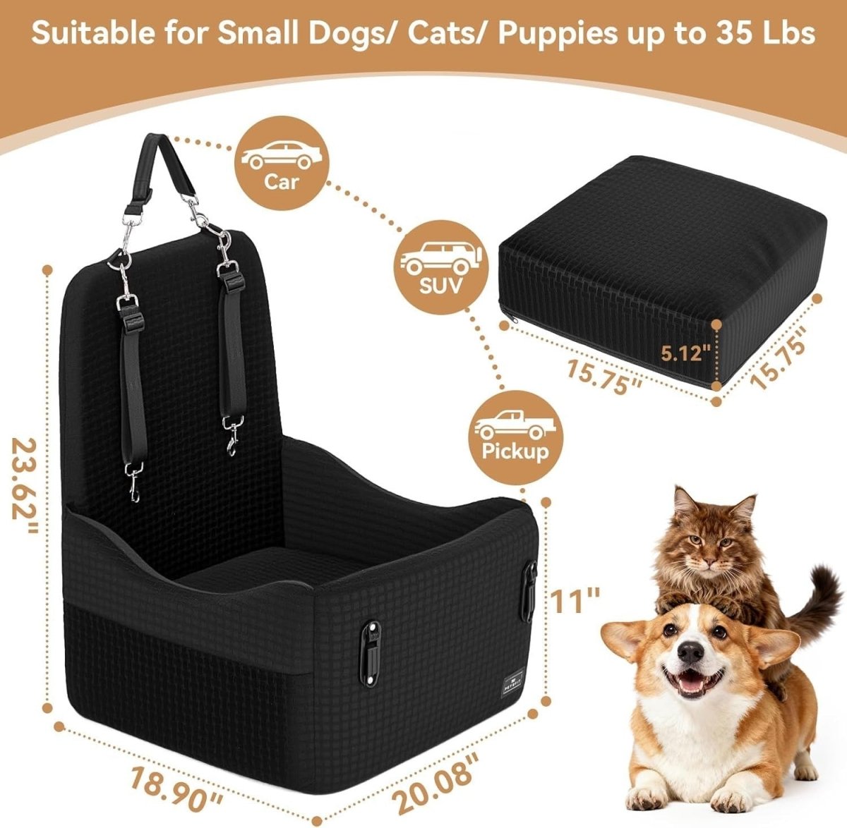 Memory Foam Dog Booster Car Seat Washable Pet Travel Bed 35lbs - Kwikley