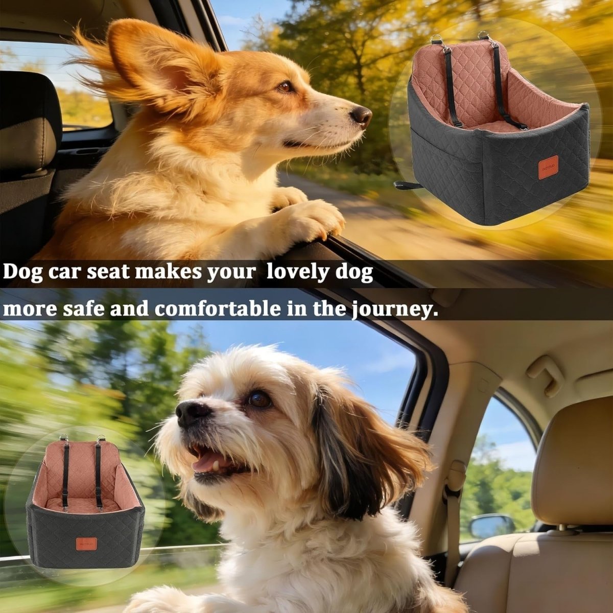Memory Foam Dog Booster Car Seat Washable Travel Bed 35lb Black Brown - Kwikley