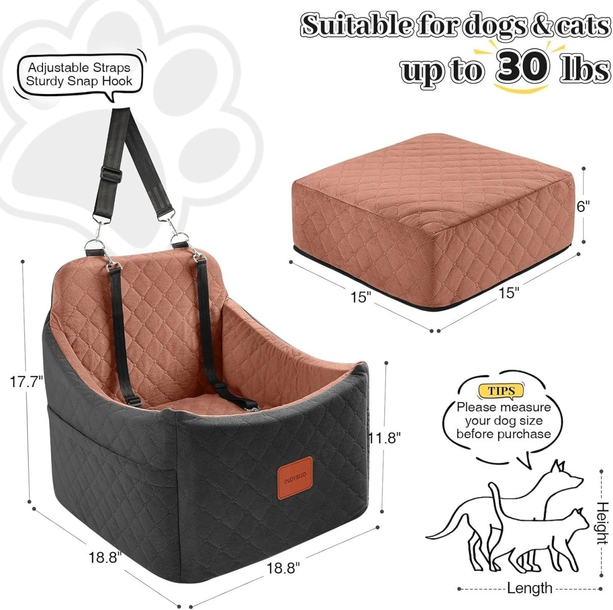 Memory Foam Dog Booster Car Seat Washable Travel Bed 35lb Black Brown - Kwikley