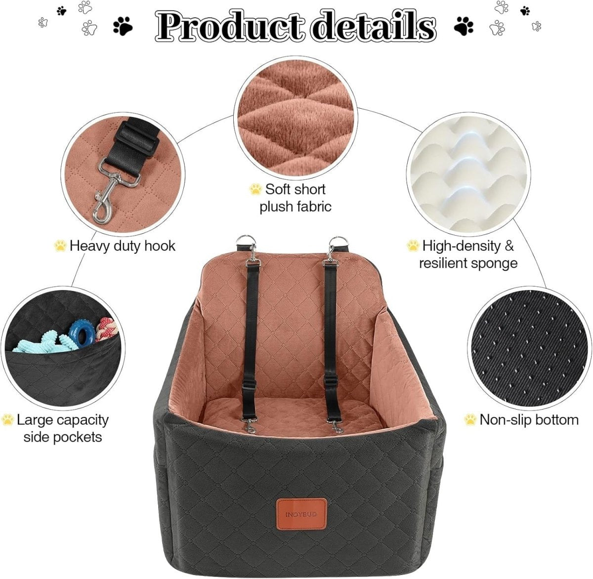 Memory Foam Dog Booster Car Seat Washable Travel Bed 35lb Black Brown - Kwikley
