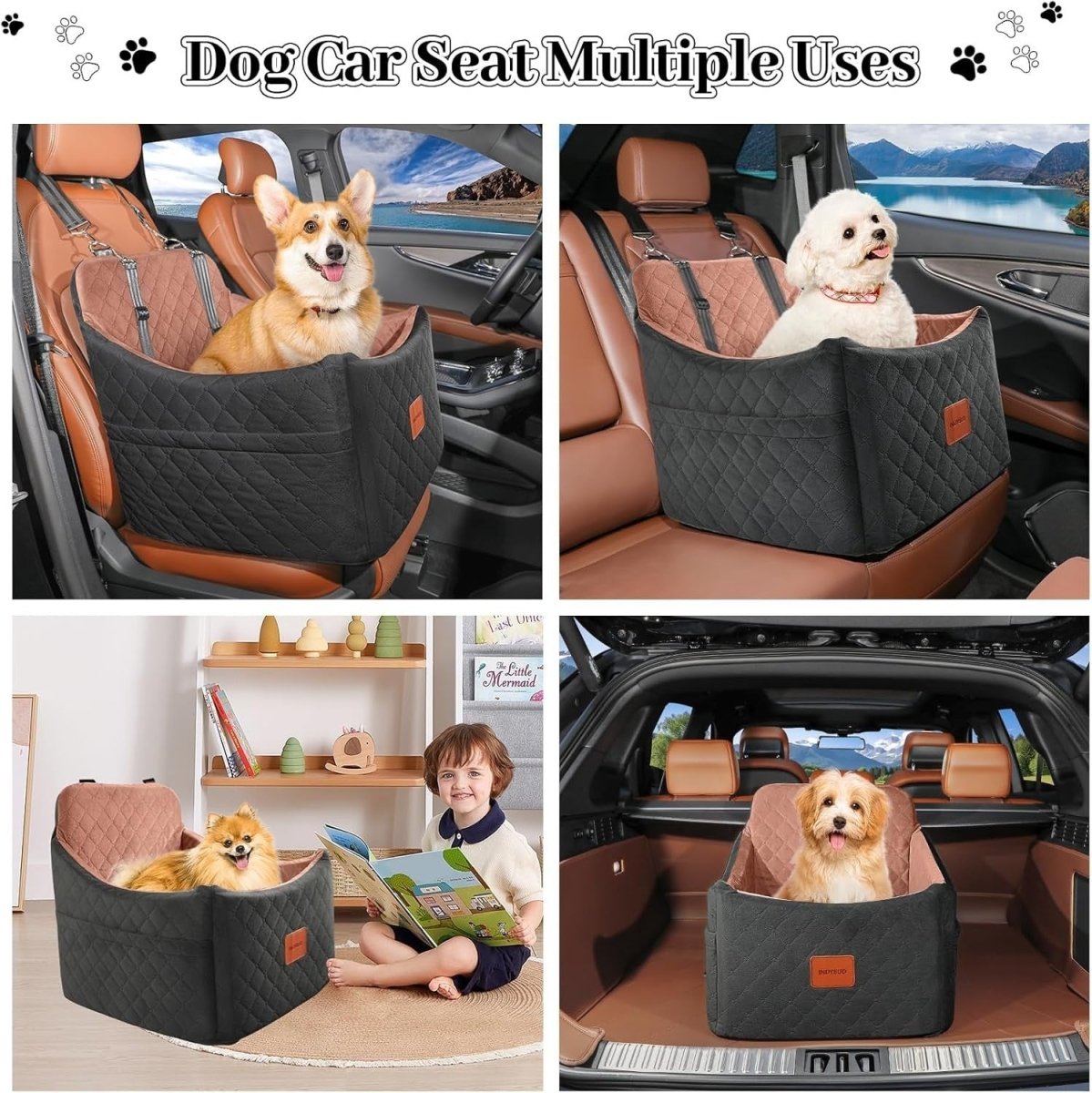 Memory Foam Dog Booster Car Seat Washable Travel Bed 35lb Black Brown - Kwikley