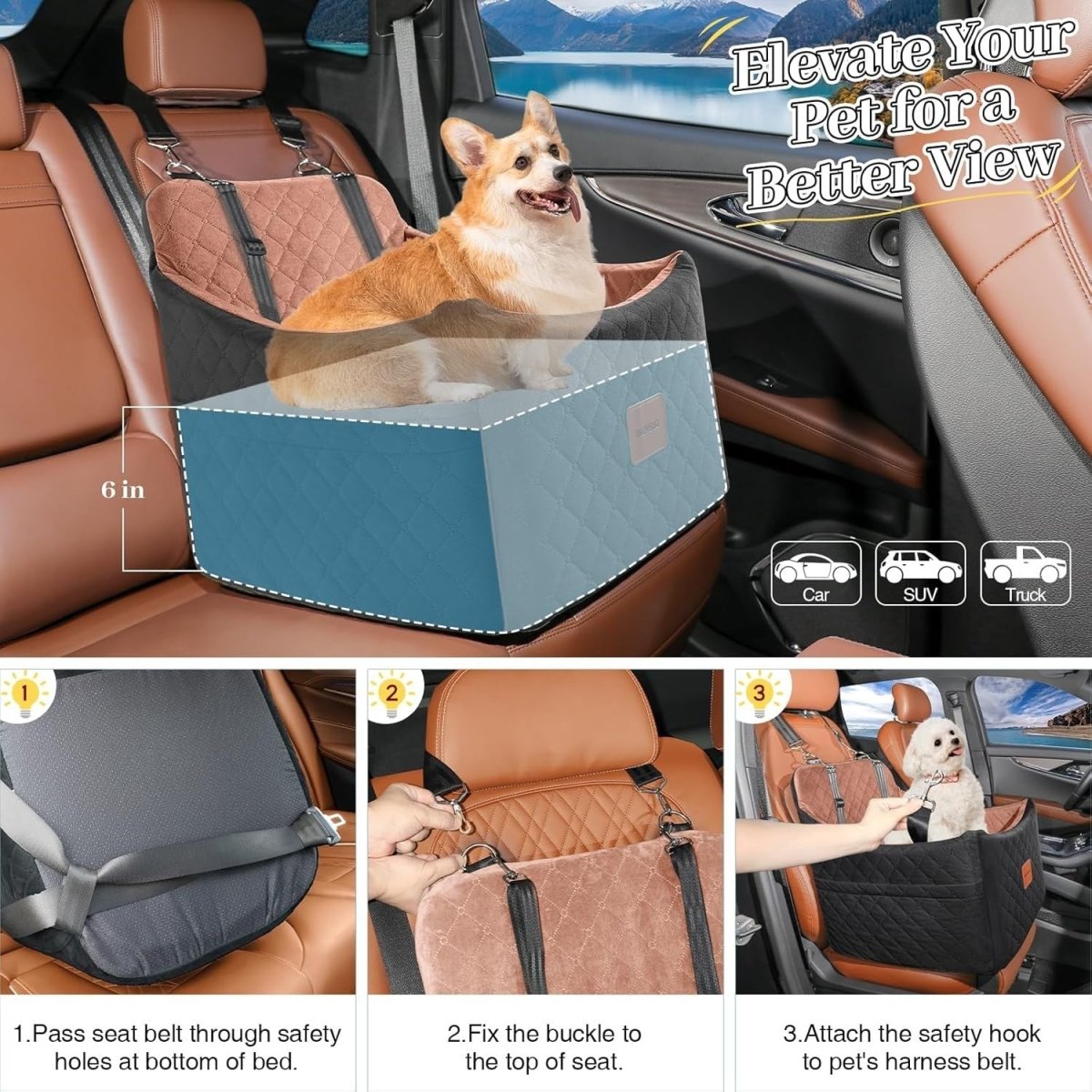 Memory Foam Dog Booster Car Seat Washable Travel Bed 35lb Black Brown - Kwikley