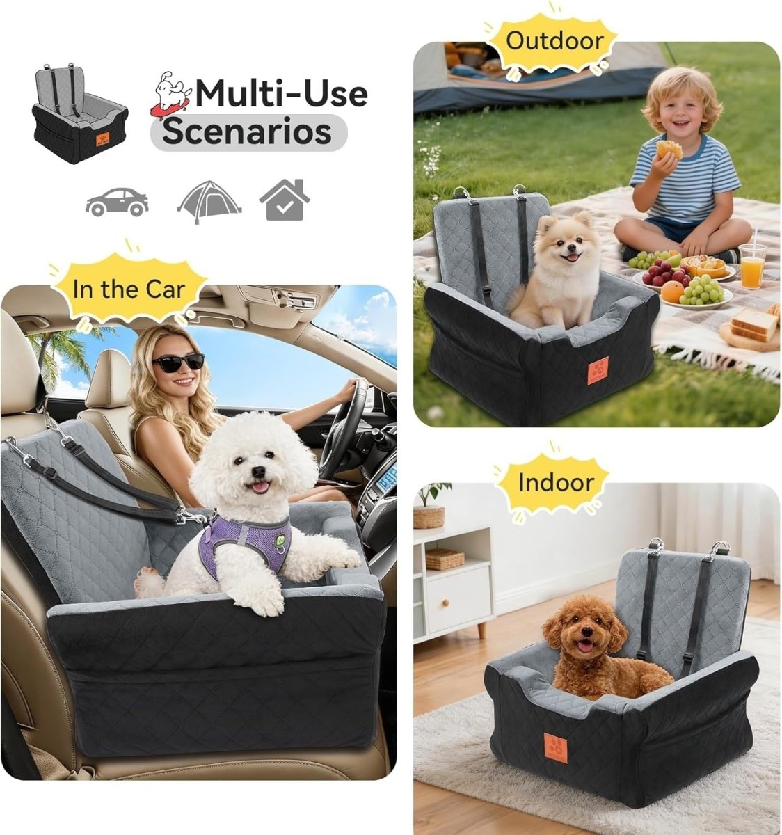 Memory Foam Dog Booster Car Seat Washable Travel Bed 35lb Black Grey - Kwikley