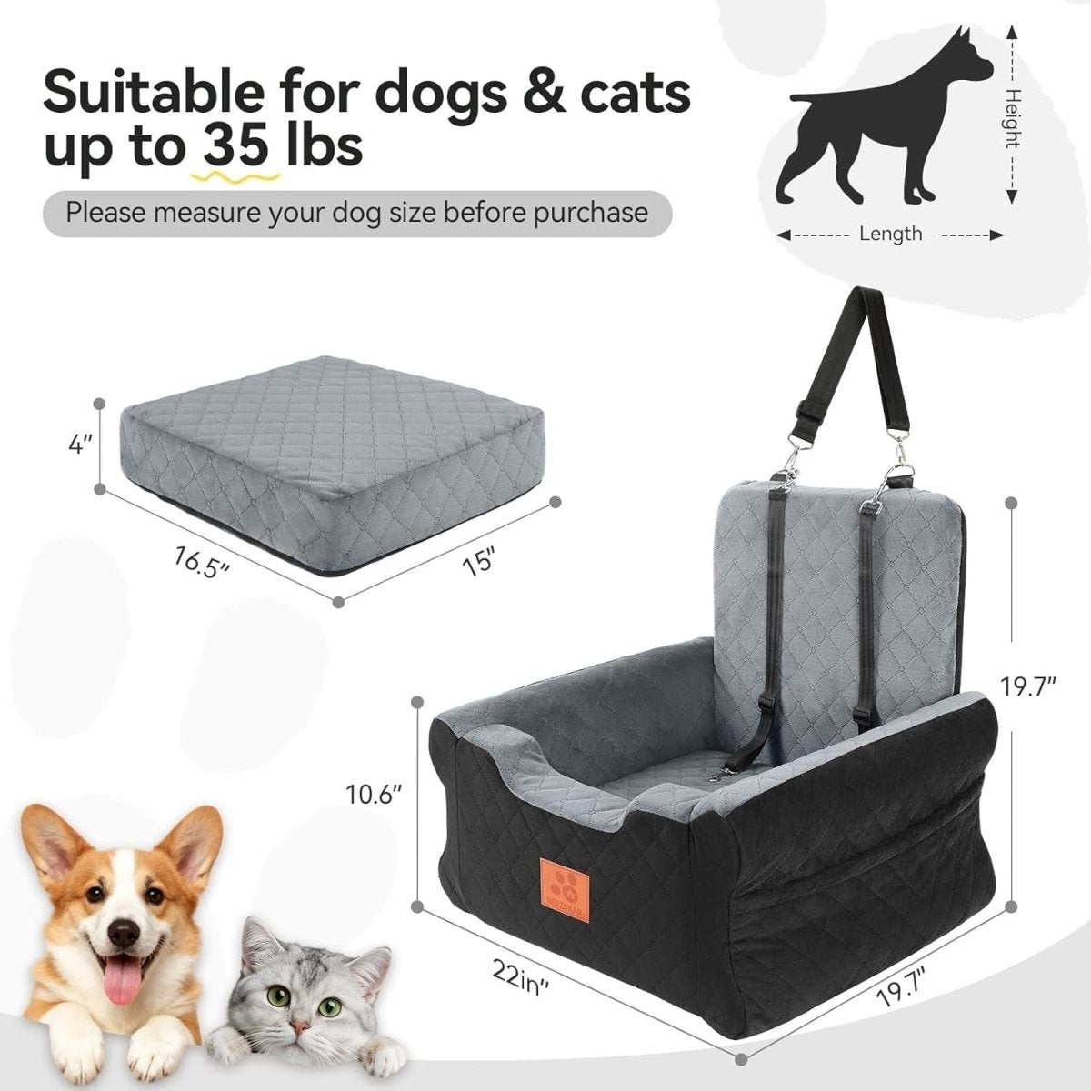 Memory Foam Dog Booster Car Seat Washable Travel Bed 35lb Black Grey - Kwikley