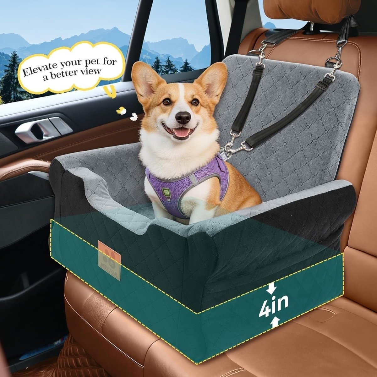 Memory Foam Dog Booster Car Seat Washable Travel Bed 35lb Black Grey - Kwikley