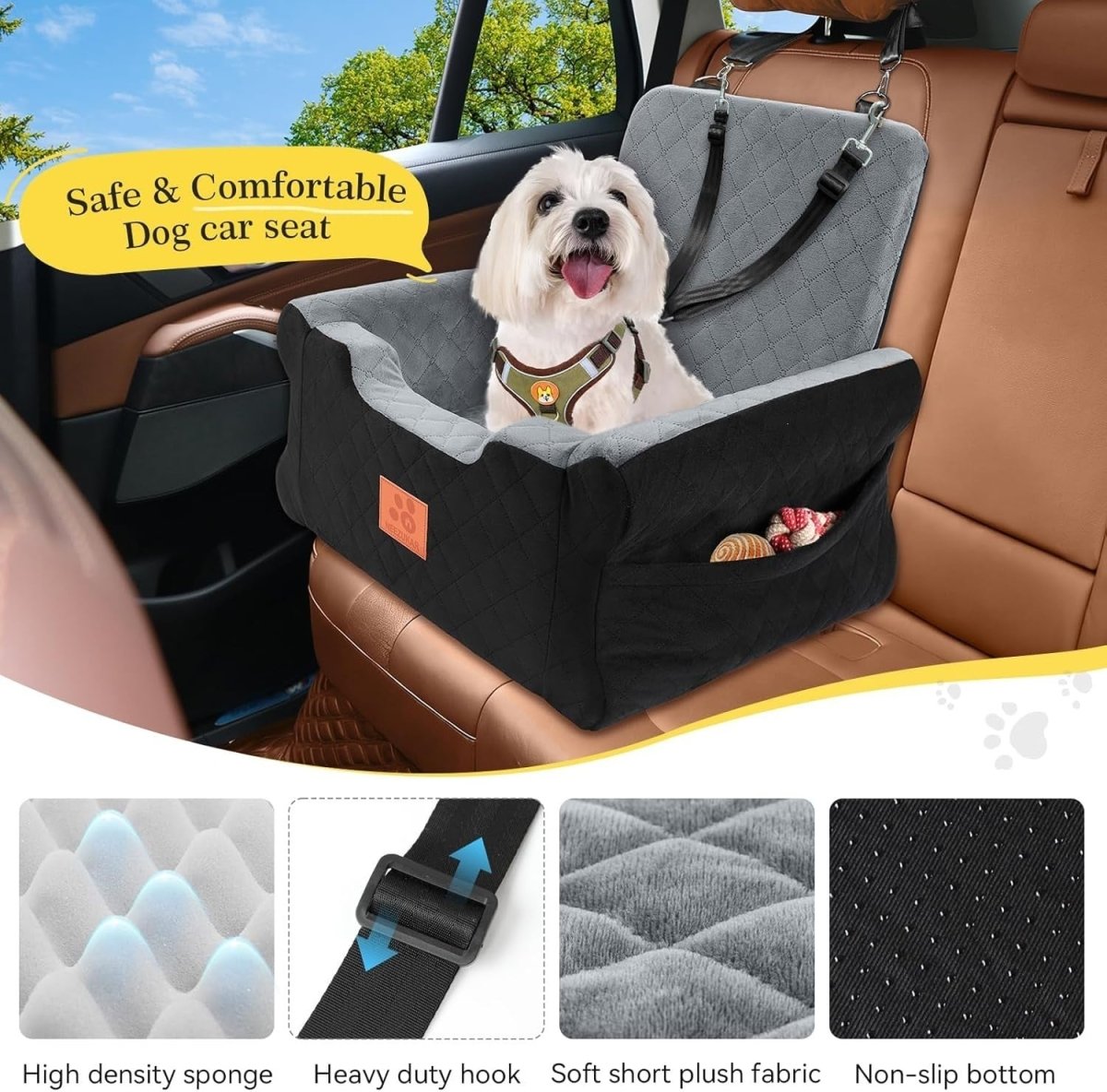 Memory Foam Dog Booster Car Seat Washable Travel Bed 35lb Black Grey - Kwikley