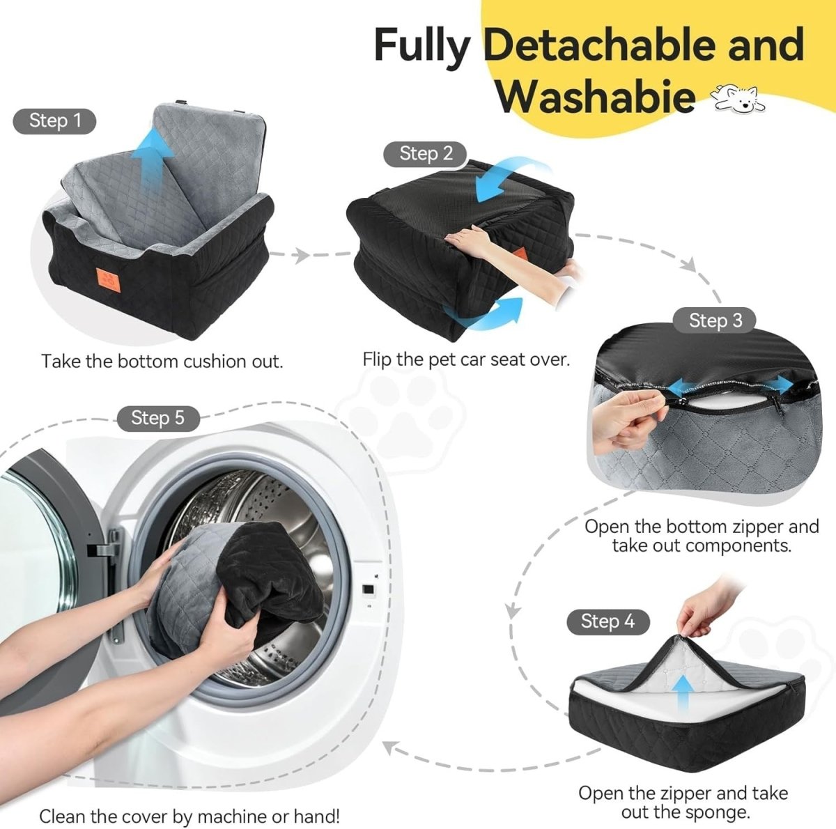 Memory Foam Dog Booster Car Seat Washable Travel Bed 35lb Black Grey - Kwikley
