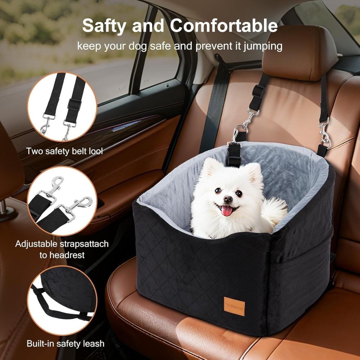 Memory Foam Dog Booster Car Seat Washable Travel Bed Up to 40lbs - Kwikley