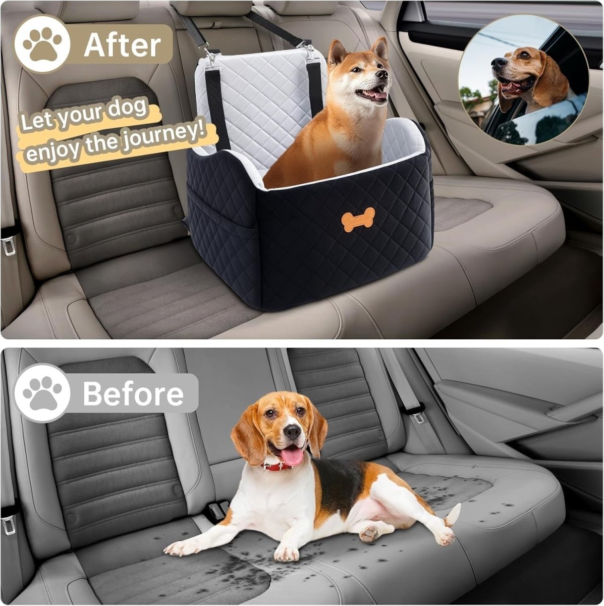 Memory Foam Dog Car Seat Booster Bed 2 Safety Leashes Travel 30lb - Kwikley