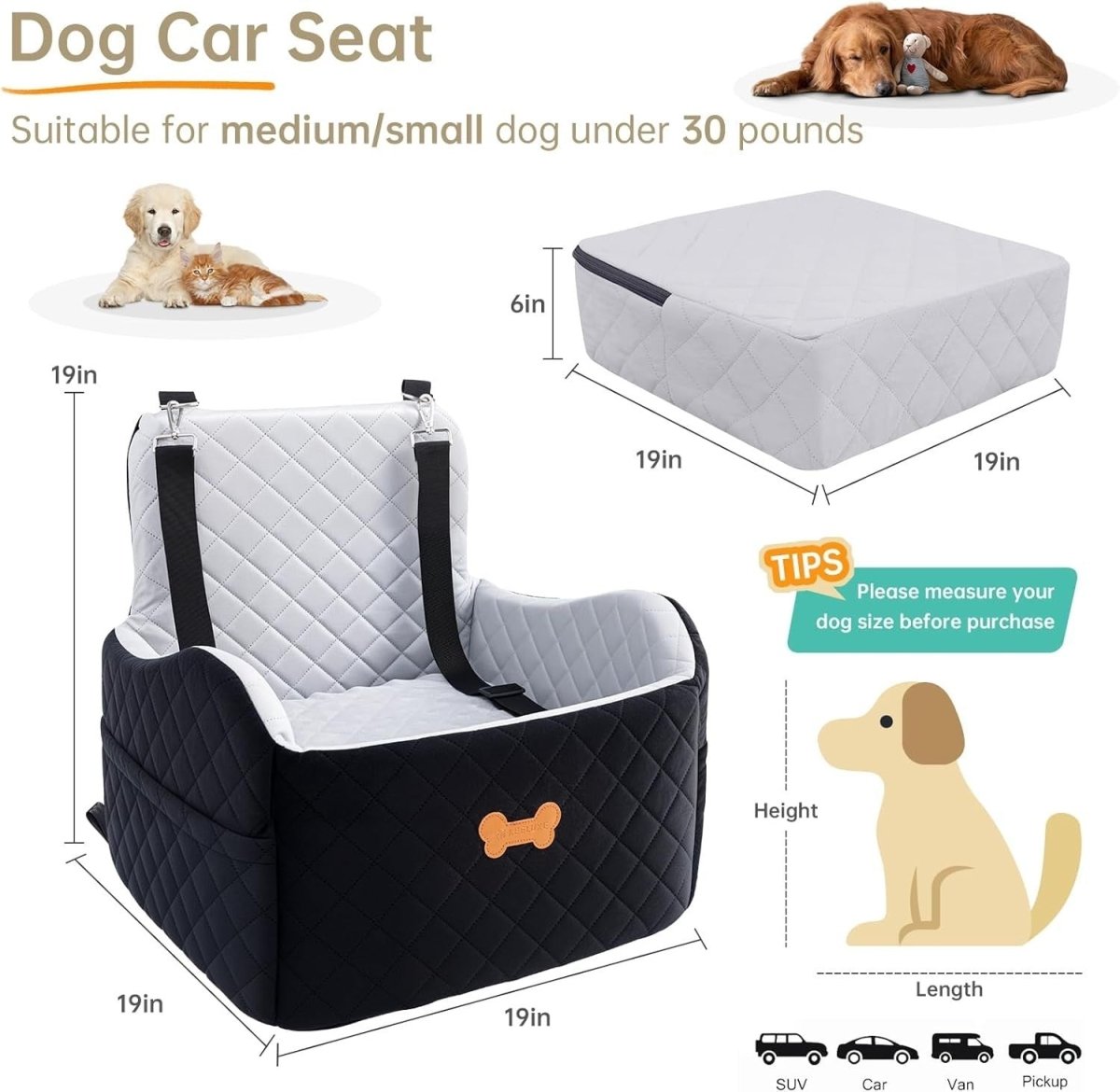 Memory Foam Dog Car Seat Booster Bed 2 Safety Leashes Travel 30lb - Kwikley