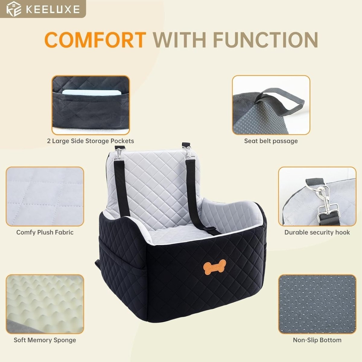 Memory Foam Dog Car Seat Booster Bed 2 Safety Leashes Travel 30lb - Kwikley