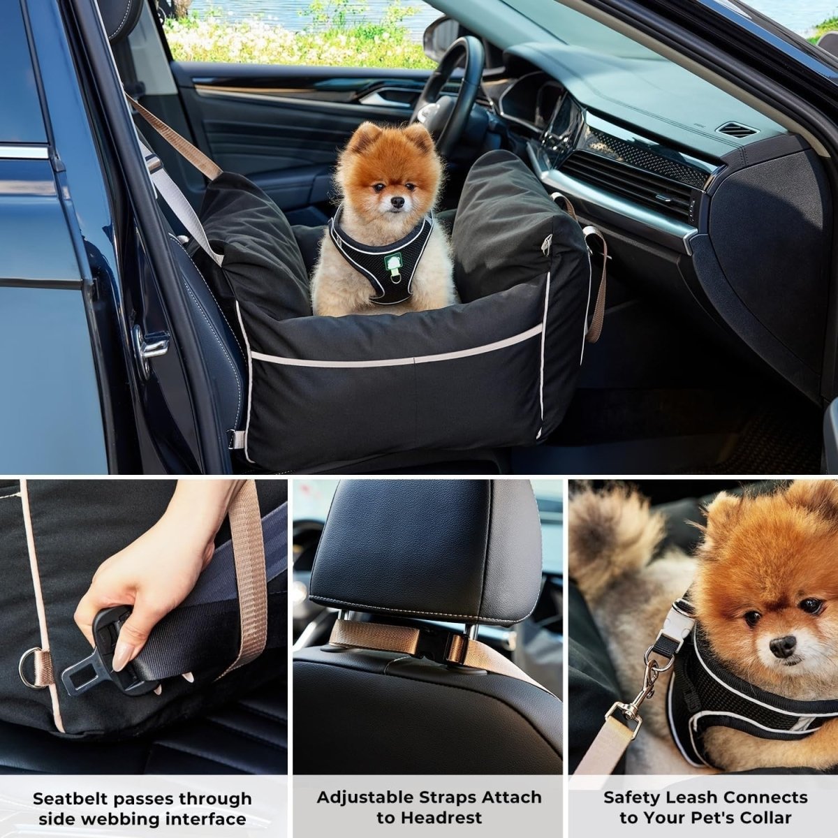 Memory Foam Dog Car Seat Booster Bed Safety Leash Washable Grey - Kwikley