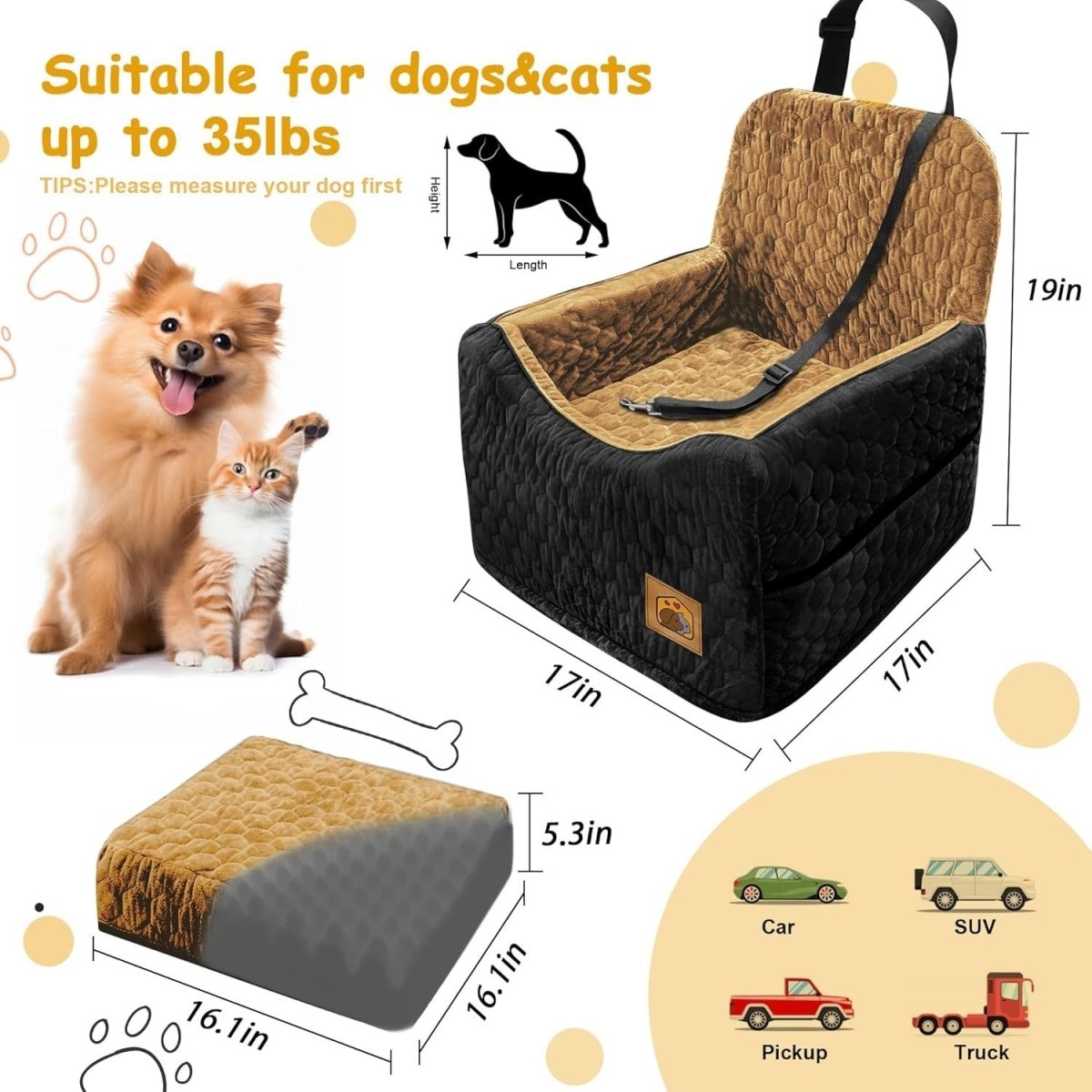 Memory Foam Dog Car Seat Booster Bed Washable Cover Pet Travel 35lb - Kwikley