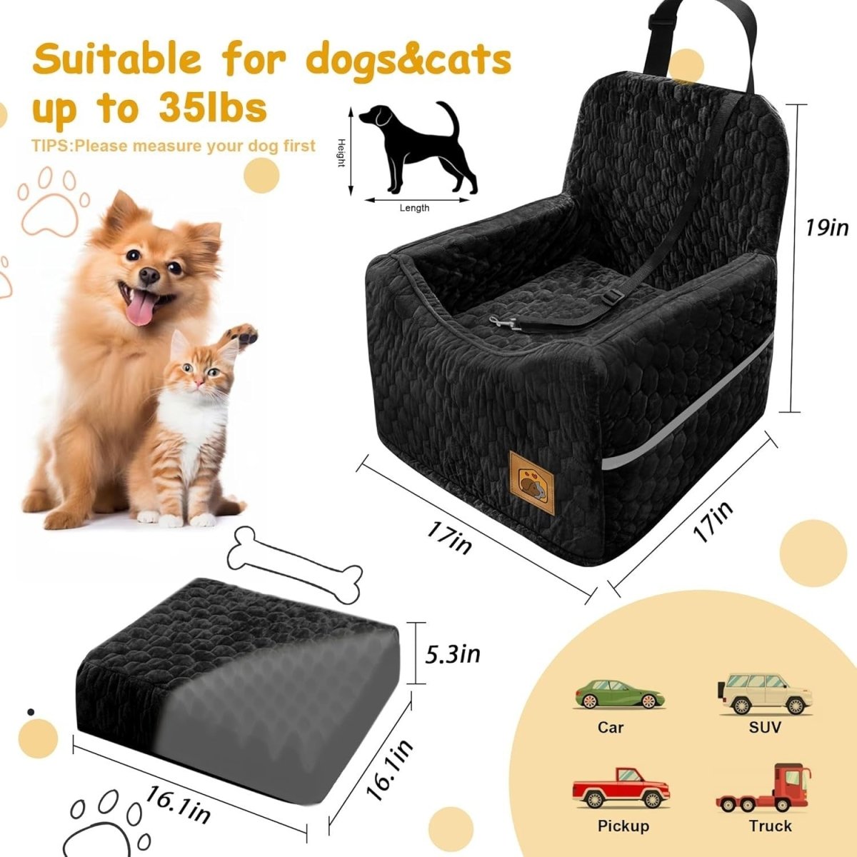 Memory Foam Dog Car Seat Booster Bed Washable Travel Carrier 35lb - Kwikley