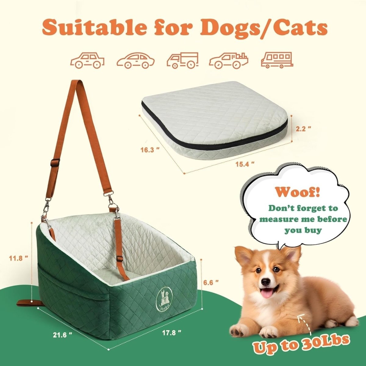 Memory Foam Dog Car Seat Booster Bed Washable Travel Carrier Up To 30lb - Kwikley