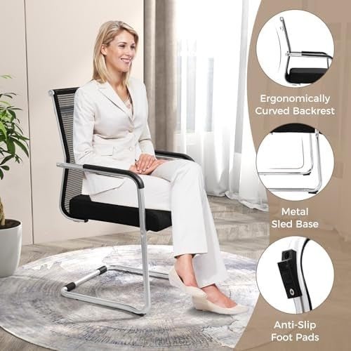 Mesh Reception Chairs Set 2 Stackable Office Guest Sled Base - Kwikley