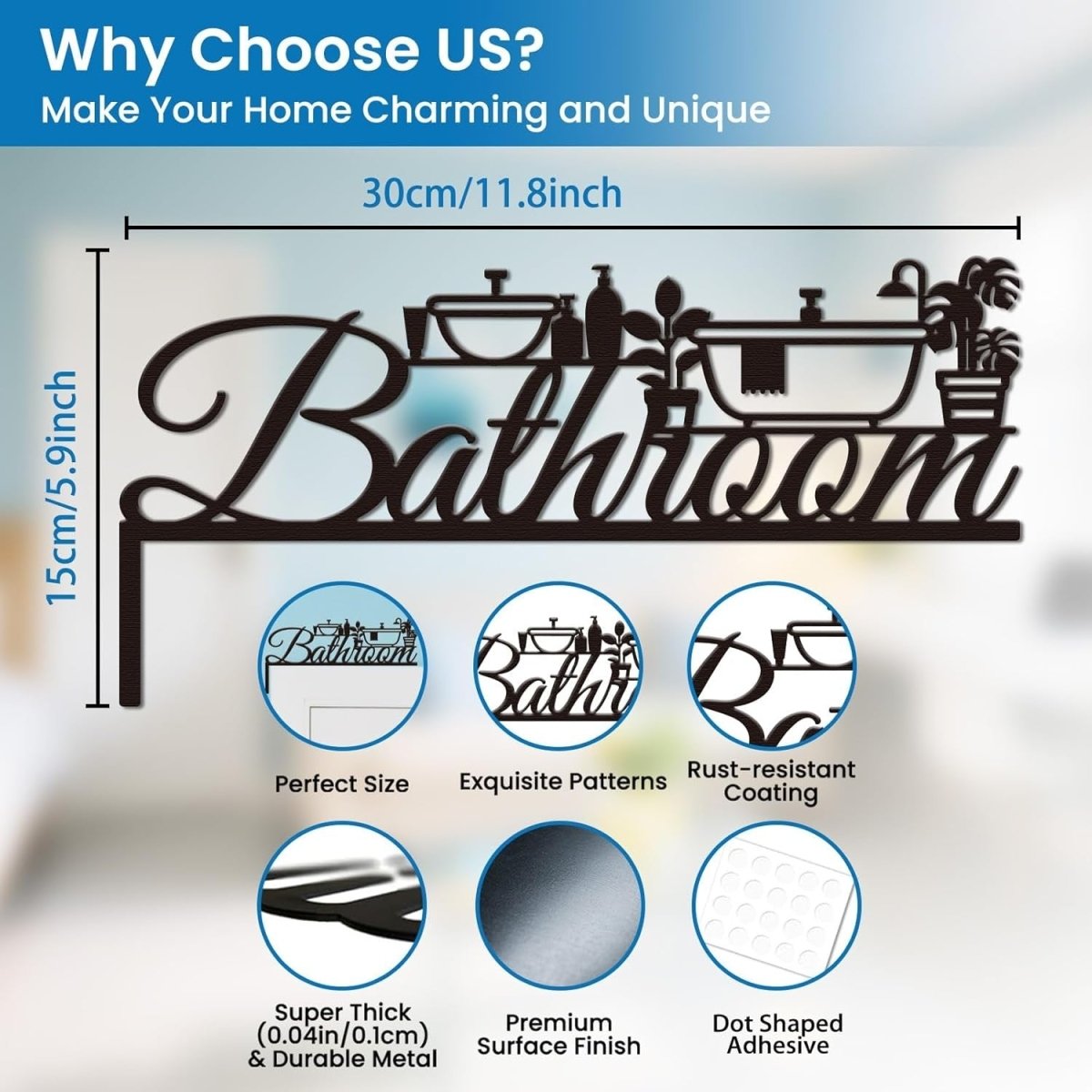 Metal Bathroom Door Topper Sign 30x15cm Modern Wall Decor - Kwikley