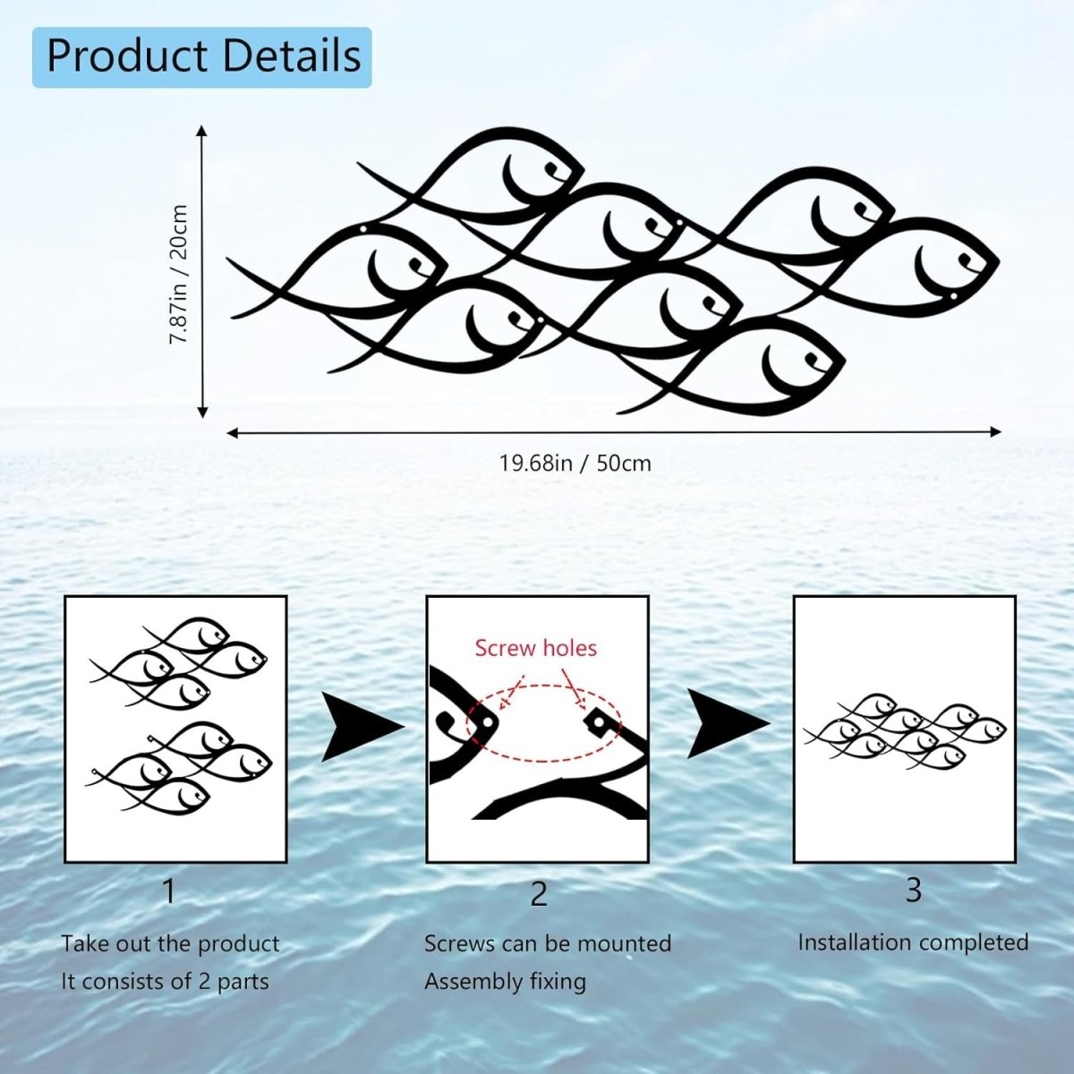 Metal Fish Wall Art Marine School Decor Indoor Outdoor 50x20cm - Kwikley