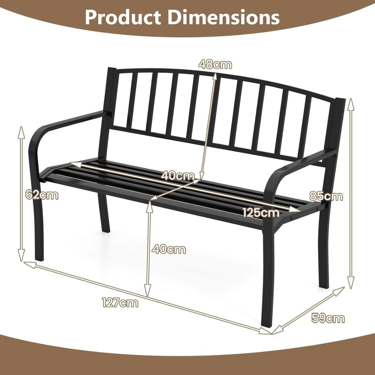 Metal Garden Bench 2 - 3 Seater Slatted Patio Park Seat - Kwikley