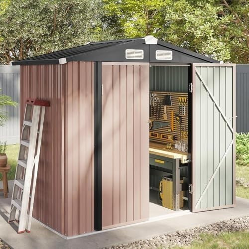 Metal Garden Shed 6x4ft Outdoor Storage Waterproof Tool Box Brown - Kwikley