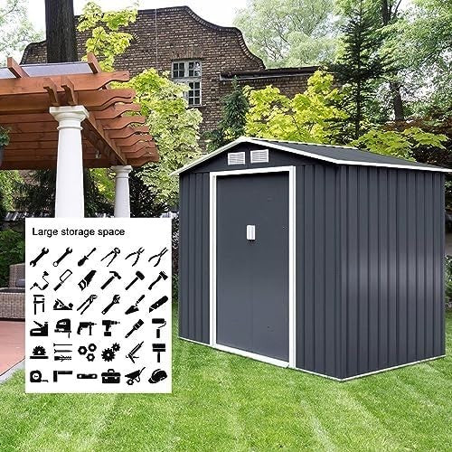 Metal Garden Shed 9x6FT Outdoor Storage with Base, Ramp & Sliding Doors Grey - Kwikley