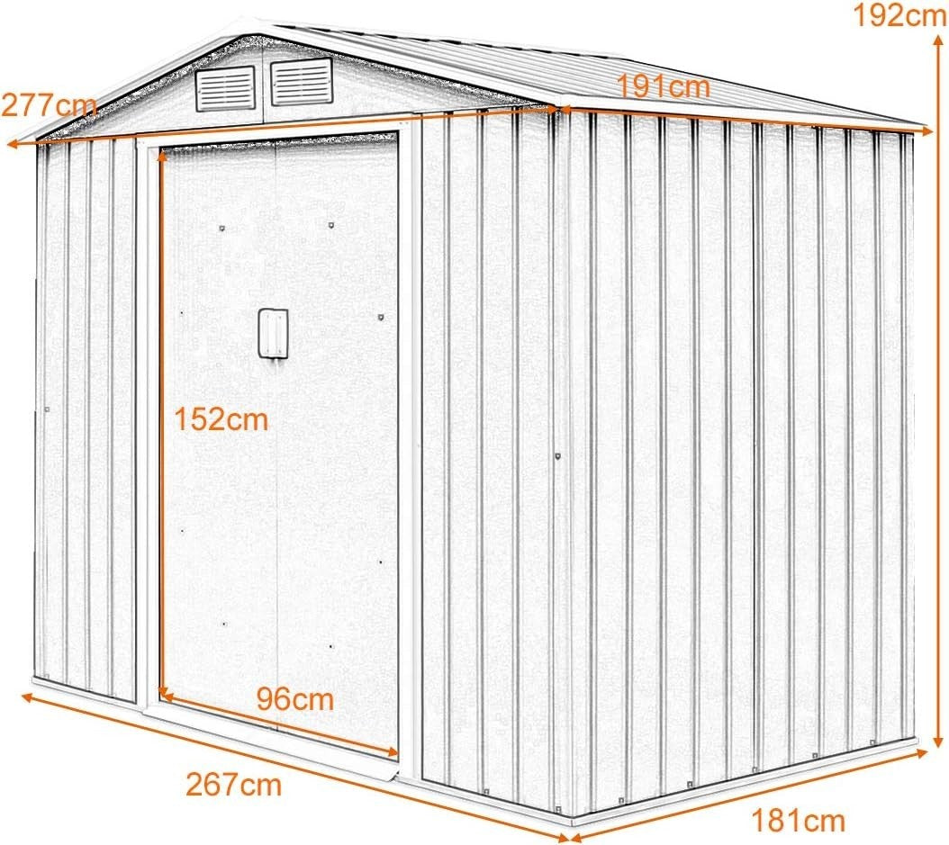 Metal Garden Shed 9x6FT Outdoor Storage with Base, Ramp & Sliding Doors Grey - Kwikley