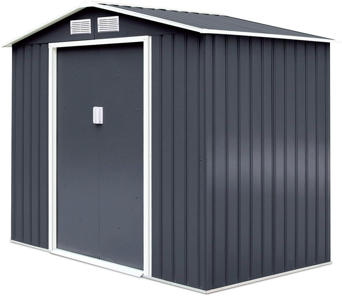 Metal Garden Shed 9x6FT Outdoor Storage with Base, Ramp & Sliding Doors Grey - Kwikley
