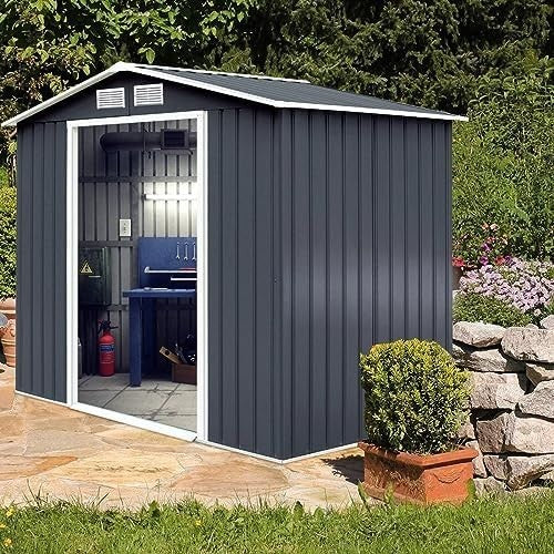 Metal Garden Shed 9x6FT Outdoor Storage with Base, Ramp & Sliding Doors Grey - Kwikley