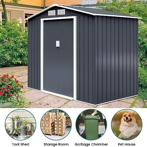Metal Garden Shed 9x6FT Outdoor Storage with Base, Ramp & Sliding Doors Grey - Kwikley