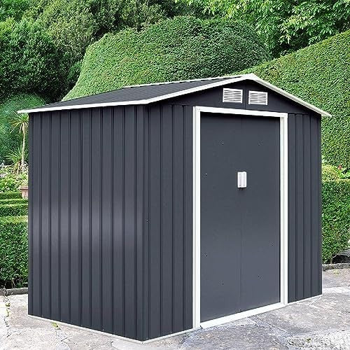 Metal Garden Shed 9x6FT Outdoor Storage with Base, Ramp & Sliding Doors Grey - Kwikley
