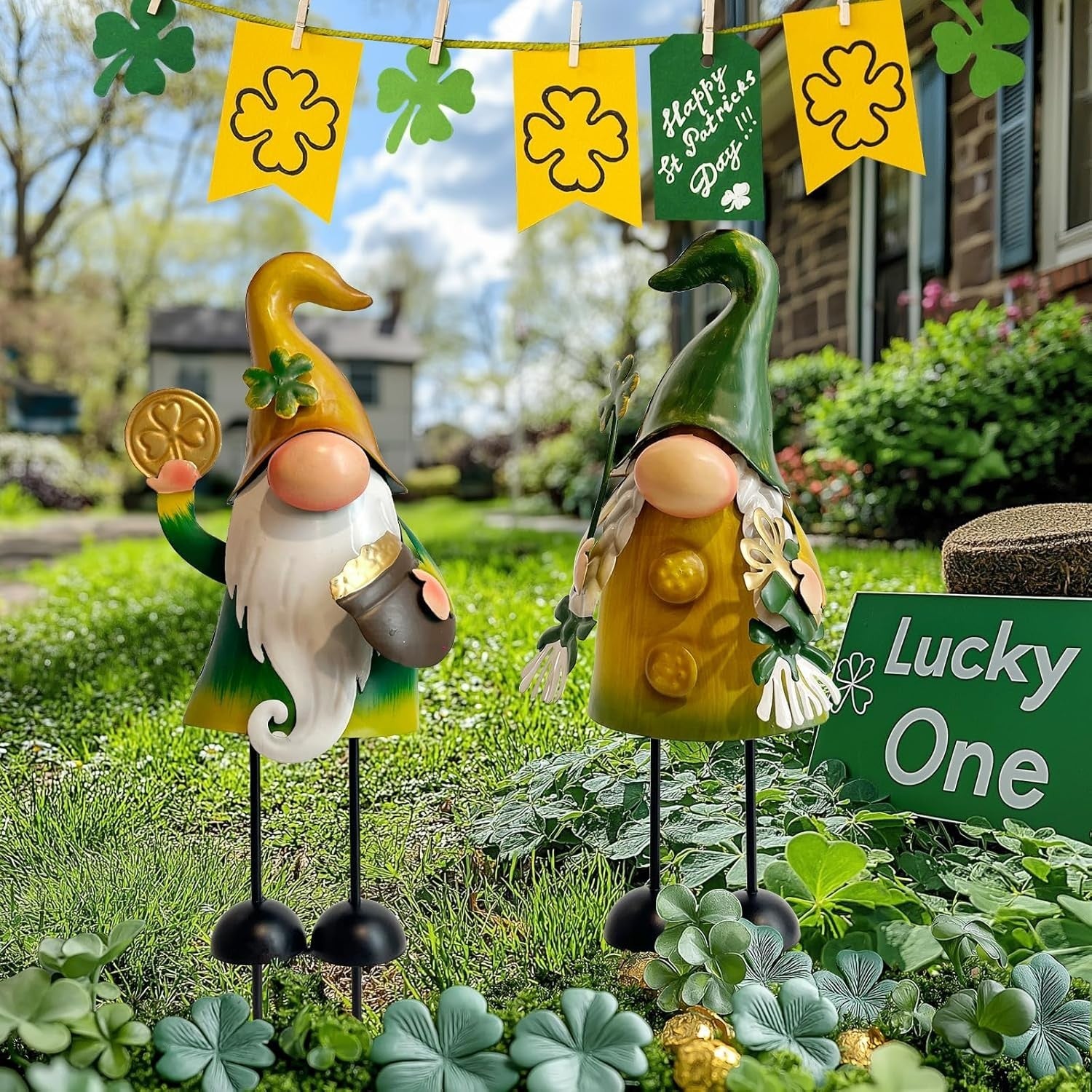 Metal Gnome Garden Stakes Set Outdoor Yard Decor 3D Fall Figurines Rustic - Kwikley