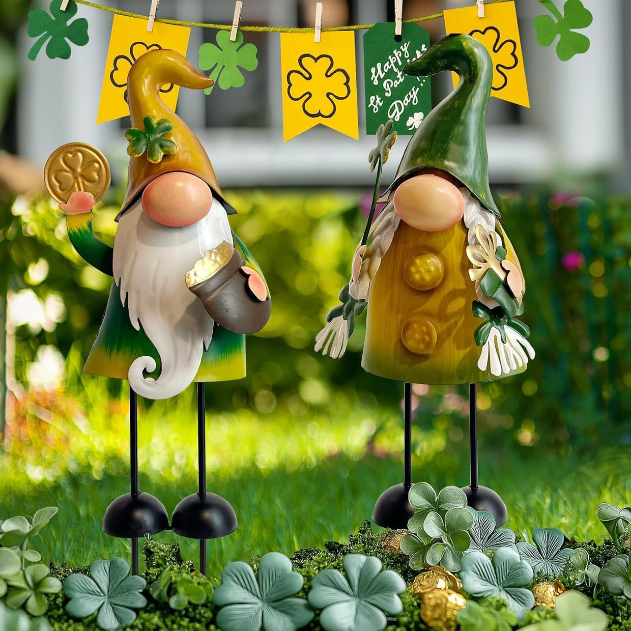 Metal Gnome Garden Stakes Set Outdoor Yard Decor 3D Fall Figurines Rustic - Kwikley
