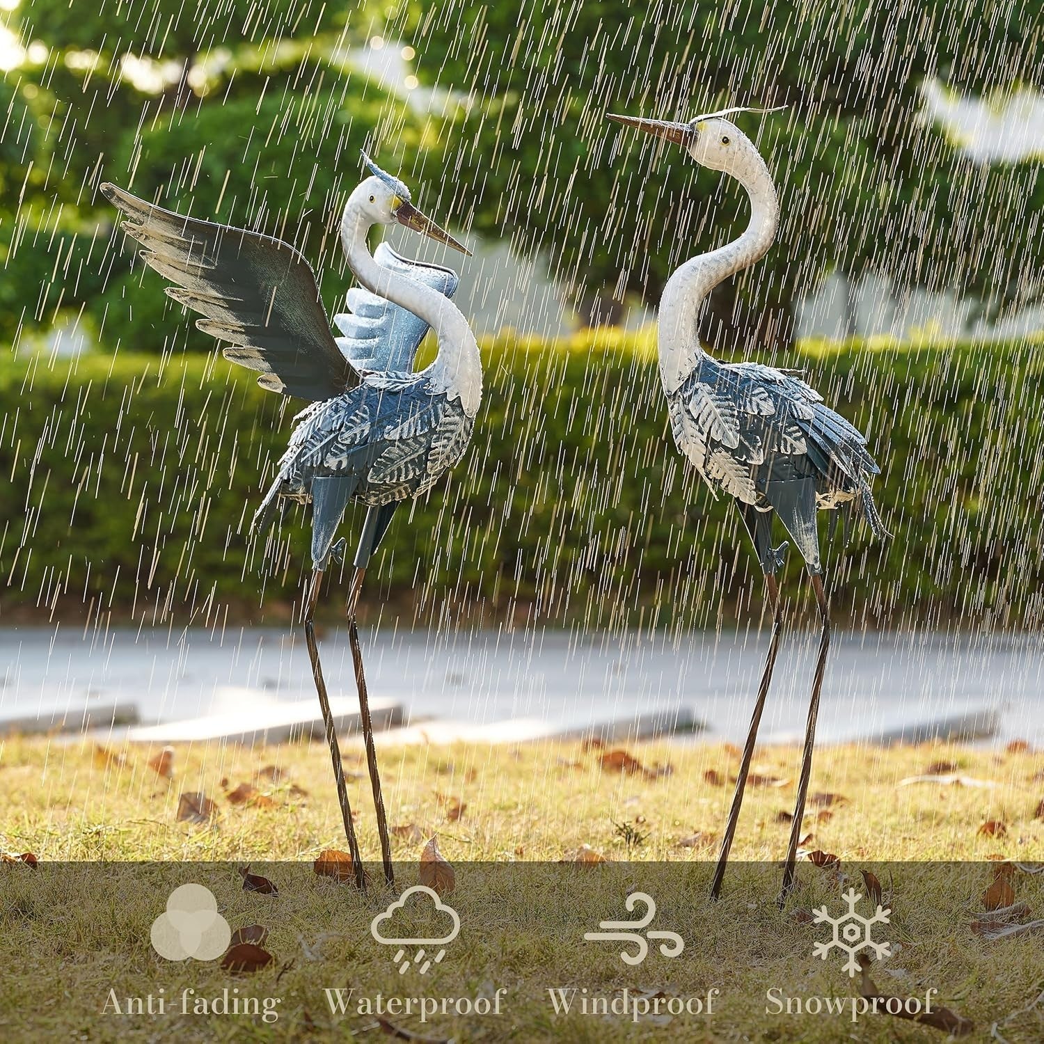 Metal Heron Garden Statues Pair 26in Blue Crane Yard Art Outdoor Lawn Decor - Kwikley