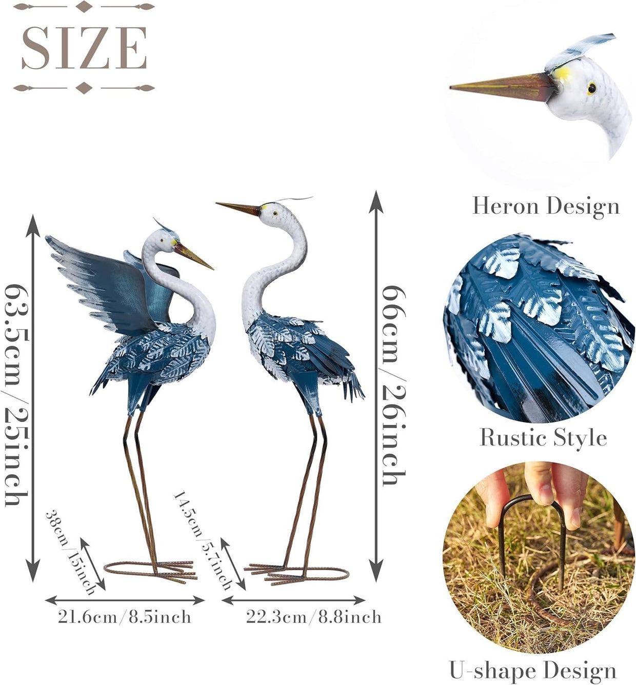 Metal Heron Garden Statues Pair 26in Blue Crane Yard Art Outdoor Lawn Decor - Kwikley