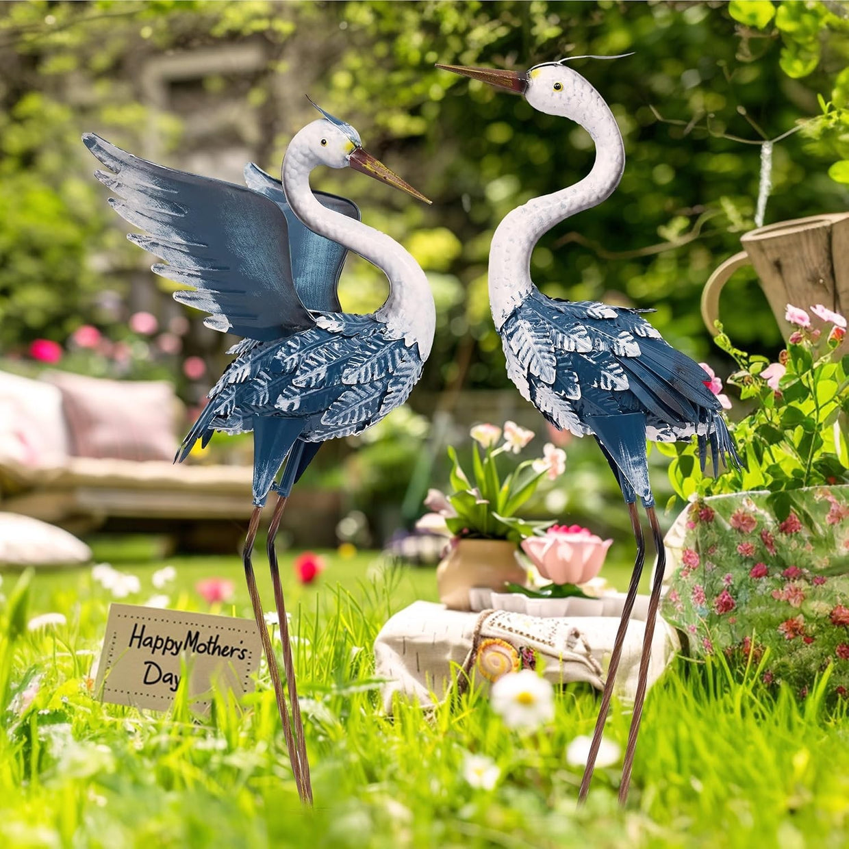 Metal Heron Garden Statues Pair 26in Blue Crane Yard Art Outdoor Lawn Decor - Kwikley