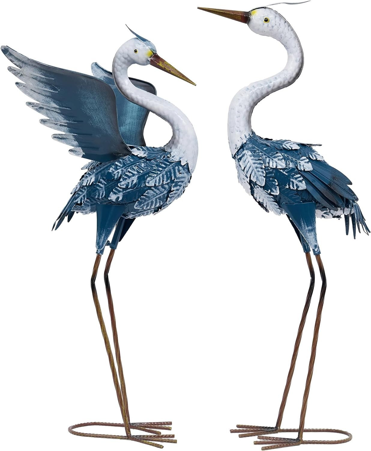 Metal Heron Garden Statues Pair 26in Blue Crane Yard Art Outdoor Lawn Decor - Kwikley