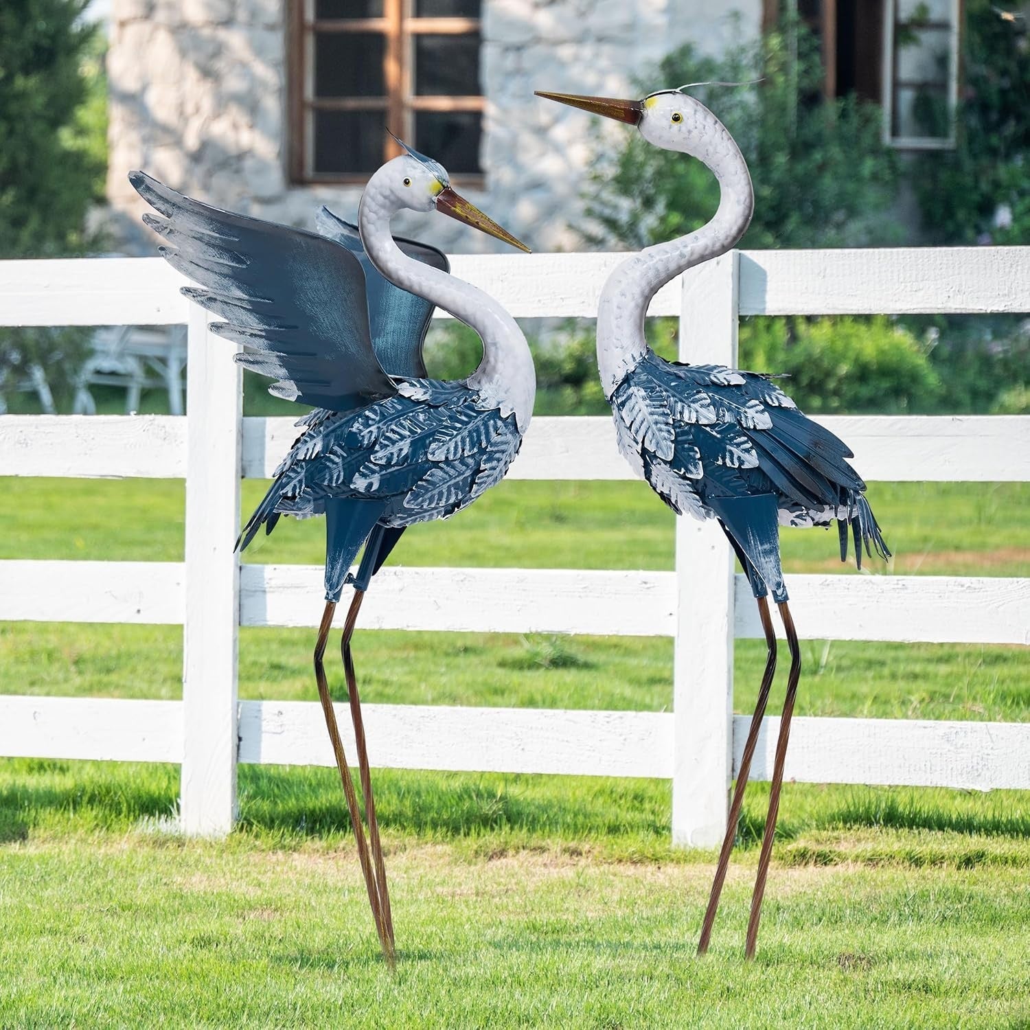 Metal Heron Garden Statues Pair 26in Blue Crane Yard Art Outdoor Lawn Decor - Kwikley