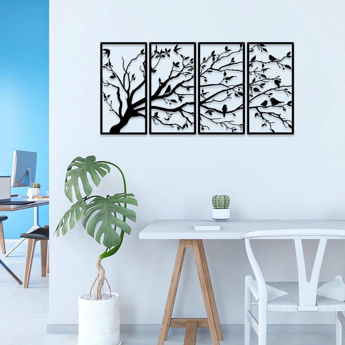 Metal Tree of Life Wall Art 4 Panel Black Hanging Decor 60x30cm - Kwikley