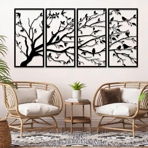 Metal Tree of Life Wall Art 4 Panel Black Hanging Decor 60x30cm - Kwikley