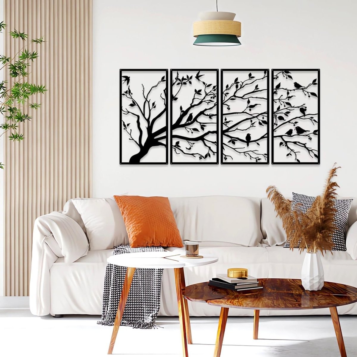 Metal Tree of Life Wall Art 4 Panel Black Hanging Decor 60x30cm - Kwikley