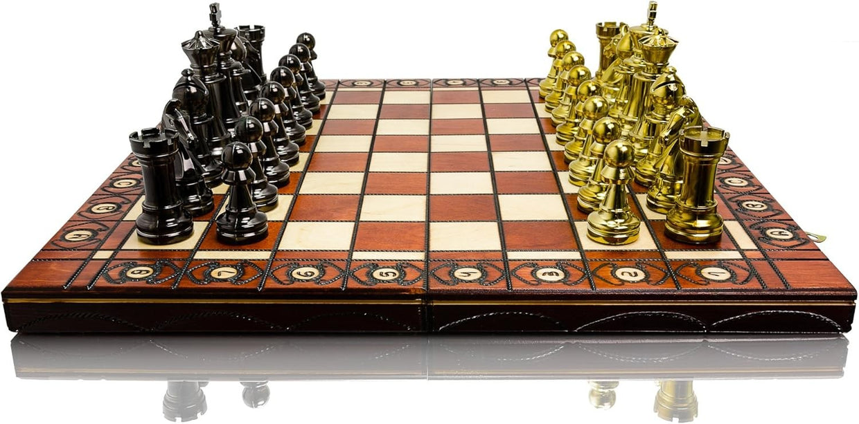 Metallic Staunton Chess Set 41cm Wooden Foldable Board Luxury Gold Pieces - Kwikley