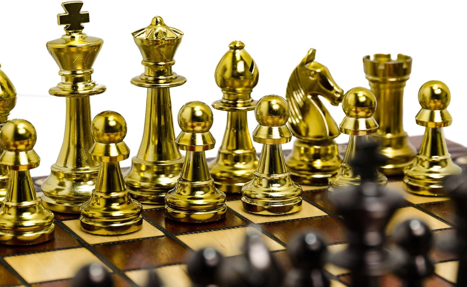 Metallic Staunton Chess Set 41cm Wooden Foldable Board Luxury Gold Pieces - Kwikley