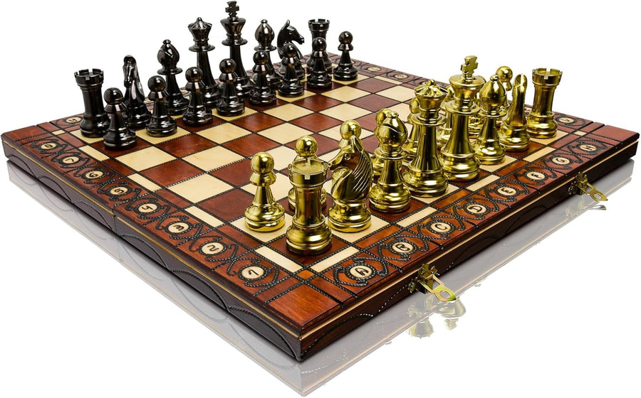 Metallic Staunton Chess Set 41cm Wooden Foldable Board Luxury Gold Pieces - Kwikley