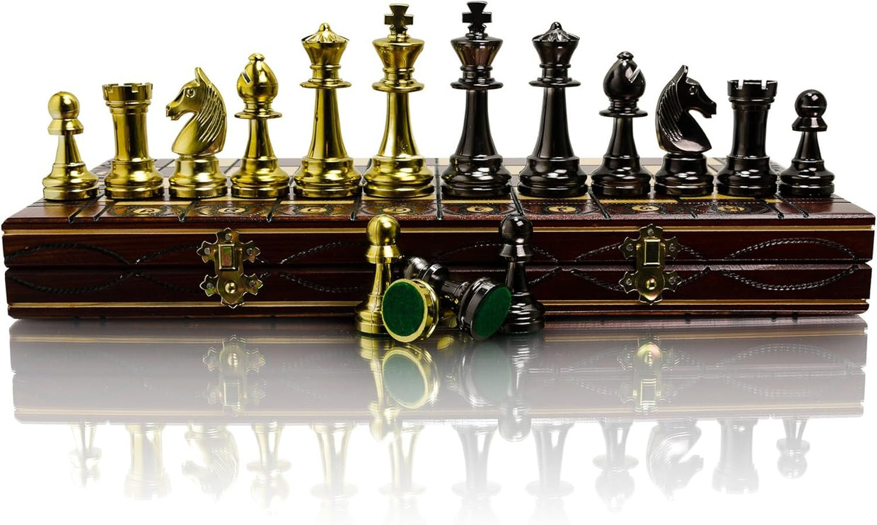 Metallic Staunton Chess Set 41cm Wooden Foldable Board Luxury Gold Pieces - Kwikley