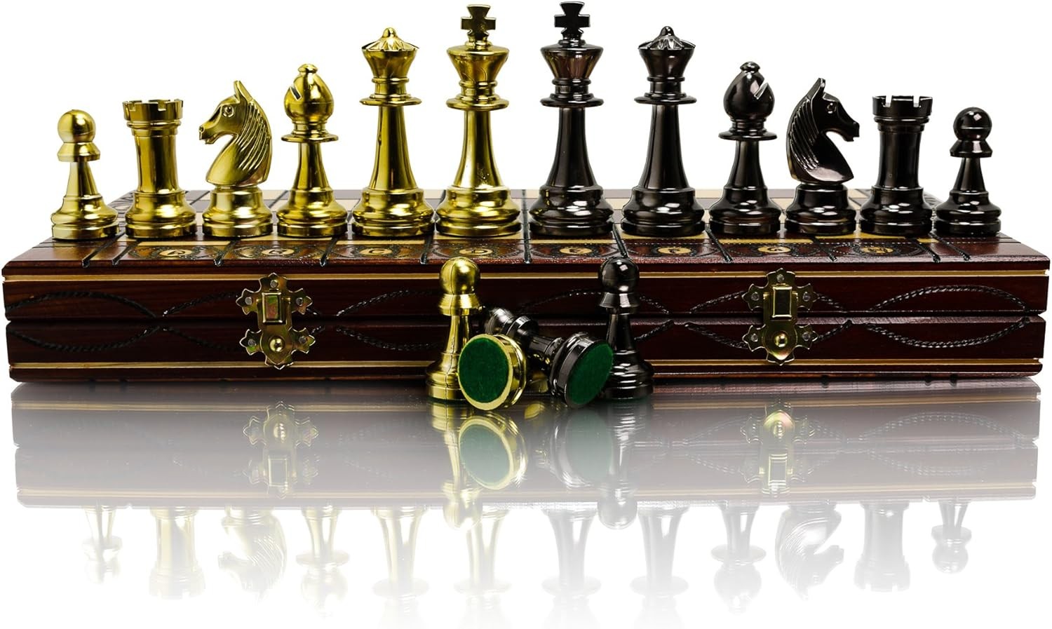 Metallic Staunton Chess Set 41cm Wooden Foldable Board Luxury Gold Pieces - Kwikley